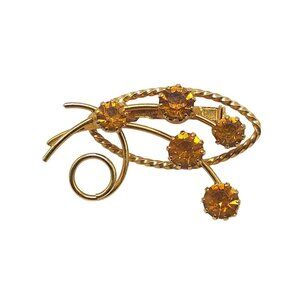 Vintage Gold Tone Floral Brooch With Amber Colored Rhinestones